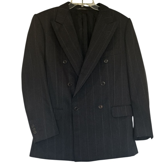 Corneliani Italian Virgin Wool Charcoal Pinstripe Double Breasted Blazer Size 50 - Picture 1 of 16